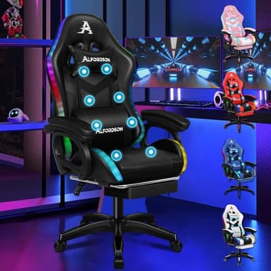 ALFORDSON Silla Gaming con Masaje y LED, Silla Gamer Ergonómica con Reposapiés Telescópico, Cojín Lumbar y Cervical, Iluminación para Juegos, Oficina, Ordenador, Videojuego, Cuero PU(Negra)