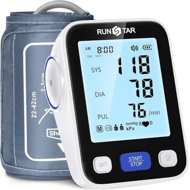Tensiometro de brazo Runstar con brazalete de amplio rango (22cm-42cm) para uso doméstico, tensiómetro digital automático con bolsa de almacenamiento y memoria de 2x99 lecturas