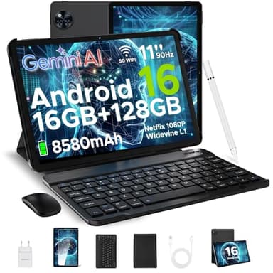 POPUX U11 Android 16 Tablet 11 Pulgadas con Teclado, 16GB+128GB/2TB Tableta con Lápiz, 8580mAh Gemini AI Tablet para Niños Octa Core, Widevine L1/13MP+5MP/5G WiFi/GMS/Face ID Tablets Grande con Ratón