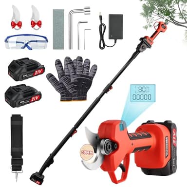 50mm Tijeras De Podar Electricas con 2 metros perca telescópica: Tijera podar telescopica 50-25mm Ajustables Hoja SK7 con 2 baterías de 21 V/2000 mAh - Tijeras de Podar Bateria Jardinería Olivos