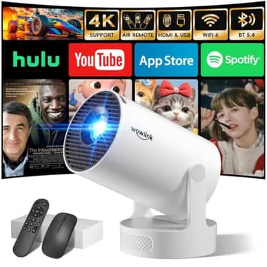 [Apps integradas & 2026 Upgraded] Mini Proyector con WiFi 6 Bluetooth 5.4 Support 4K 1080P Auto Keystone 180° Rotable Proyector Portátil Compatibile con HDMI/TV Stick/Memory Stick/Laptop, Blanco