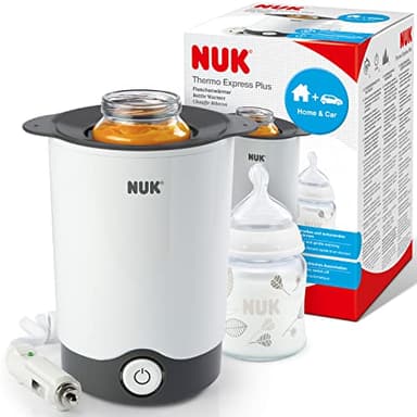 Nuk 10256404 - Calentador de biberones que calienta rápida y cuidadosamente en tan solo 90 segundos, para usar en casa o de viaje, incluye cable adaptador para el coche