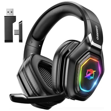 Ozeino Cascos Gaming Inalámbricos para PC/Ps5/Ps4, Auriculares Gaming Inalámbricos de 2,4GHz Wireless+Bluetooth, Baja Latencia Calidad de Sonido sin Pérdidas, Duración 30Hr+
