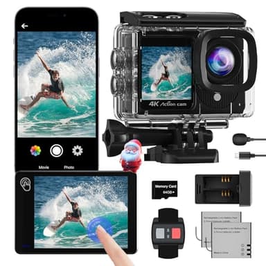 Camlance 4K60FPS Cámara Deportiva con Pantalla Táctil,48MP con 64GB WiFi Camara Acuatica,40M Cámara Subacuática,EIS 170° Camara Acción con Mando, Micrófono y 2 Baterías.