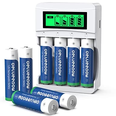 Delyeepow Pilas Recargables AA con Cargador, 8 Piezas Pilas Recargables AA 3300mAh de Alta Capacidad Ni-MH y LCD Cargador,Ranura Independiente
