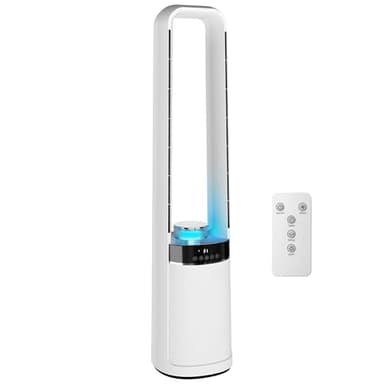 HOMCOM Ventilador de Torre Silencioso, Ventilador sin Aspas con Luces LED de 4 Colores, Mando a Distancia, Temporizador de 12 horas, Oscilación de 45°, 3 Velocidades, Blanco