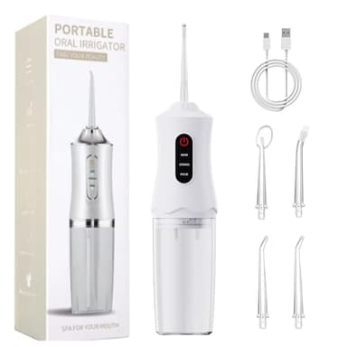 Irrigador Dental Portatil Higiene Bucal Viaje Water Flosser Irrigadores Dentales Sarro Dental Limpiador Jato de Agua Dientes Presion,Water Floss con 4 Boquillas 1 Cable,Blanco, Recargable