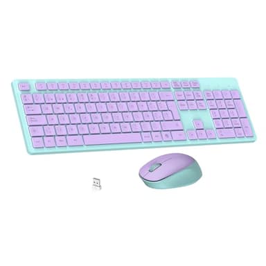 LeadsaiL Teclado y Raton Inalámbrico, Teclado y Raton Inalambrico Ergonómico, Español QWERTY, Tamaño Completo con Teclado Numérico, Receptor USB 2.4 GHz for Mac, PC, Ordenador Portátil-Violeta Verde