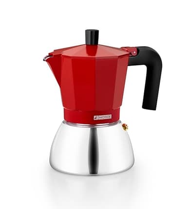 Monix Induction Inox Cafetera Italiana de Aluminio y Acero Inoxidable, 9 tazas de capacidad, Mango termorresistente, Fácil de Lavar, Apta para todo tipo de Cocinas incluida Inducción, color rojo