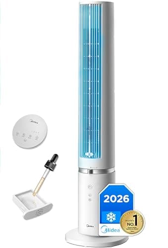 Midea Ventilador Torre con Mando a Distancia de 4 Velocidades - Ventilador de Torre Silencioso con Oscilación 90º, Temporizador 7h, Distancia 9m/s, 2 Modos, con Caja de Aromaterapia y Modo Sleep