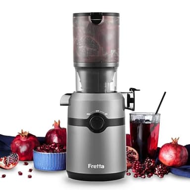 Fretta Extractor de Zumos y Verduras, Apertura de 108MM y Capacidad de 1L, Licuadora Prensado en Frio para Verduras Frutas Enteras, 200W Slow Juicer Machine, Fácil Montaje y Limpieza, Sin BPA (Gris)