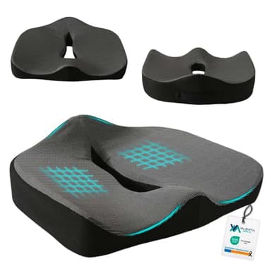 VALENTIA MEDICAL Cojin Viscoelastico Coxis Firmeza Suave Ergonómico para Silla Oficina Gaming y Coche con Base Antideslizante Funda Lavable Asiento Antiescaras para Dolor Lumbar