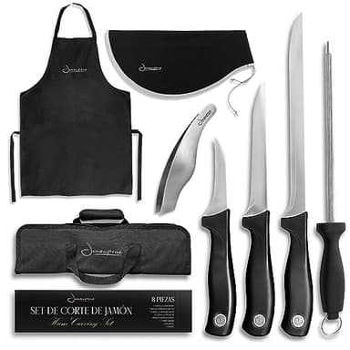 Set De Cuchillos Jamoneros – Bolsa Estuche Cuchillos, Cuchillo Jamonero, Deshuesador, Puntilla, Chaira, Pinza Jamon, Delantal Y Cubre Jamon - Sets Estuche Cuchillos Jamoneros Para Corta Jamon
