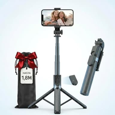Palo Selfie con Trípode 1,8m para Móvil con Control Remoto Bluetooth, Selfie Stick Extensible y Plegable, Trípode Móvil Estable Compatible con iPhone, Samsung, Cámara y Vlogging.