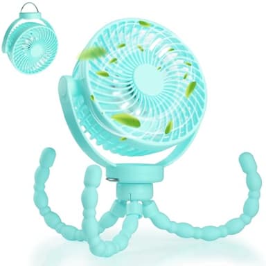 Hianjoo Ventilador para Cochecito con Luz LED, 5200 mAh Ventilador de Escritorio Silencioso para Acampar con Gancho, Rotación de 360° Recargable Portátil Admirador de Refrigeración Potente, Aqua
