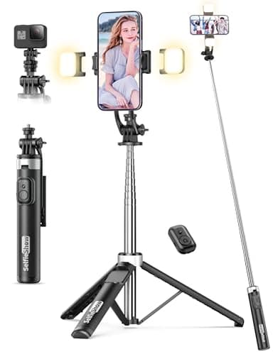 Palo Selfie Tripode con 2 Luces, Tripode para Movil 135CM Extra Largo con Control Remoto Desmontable, Selfie Stick con 1/4 de Tornillo Compatible con iPhone 15 14 13 12 11/Android/Gopro/Camara