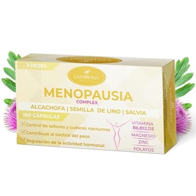 MENOPAUSIA COMPLEX 9 EN 1 con Vitaminas B6, B12 y D3 | Control de Sofocos | Alivia el Hinchazón Abdominal | Sin Soja ni Conservantes | 3 Meses de Tratamiento | 180 Cápsulas Veganas | Lazarraga