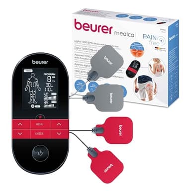 Beurer EM 59 Electroestimulador digital con función calor, tens, ems y masaje, 2 canales, función calor, 4 electrodos, con pads de gel, intensidad regulable, temporizador, color negro rojo