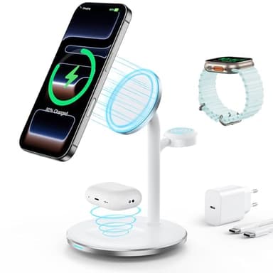 RoRoSkin Cargador Inalambrico 3 en 1 para Varios Dispositivos, Estación de Carga rápida mag-Safe de 15 W para iPhone 16, 15 y 14, Cargador mag-Safe para iWatch Ultra2/1/Series 10/9/8, AirPods,Blanco