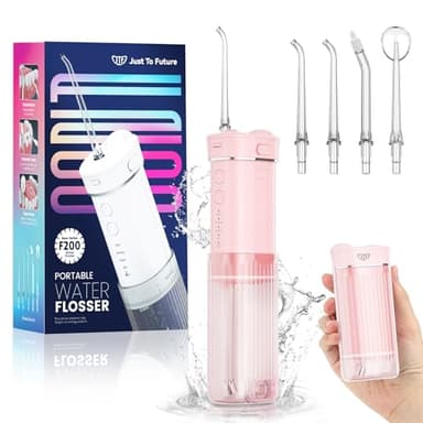 JTF Irrigador Bucal Mini, Portátil Dental Limpieza Eléctrica Inalámbrico Viaje con 5 Boquillas, 4 Modos de Pulso, 230 ML Depósito de Agua Retráctil, IPX7 Resistente Al Agua (Rosa)