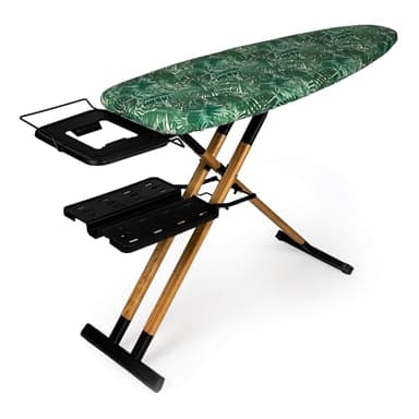 Tabla de Planchar GoldWoodVIP- 130x47 cm XXL, Madera Natural y Aluminio, Altura Regulable 98 cm, Estable, Ligera y Resistente, Ruedas, Soporte centro planchado + Bandeja para ropa, Fabricada en Europa