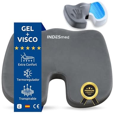 INDESMED Cojín Antiescaras Gel + Viscoelástico de Alta Densidad Premium Memory Foam | Funda Terciopelo Lavable con Antideslizante-Ergonómico, para Oficina, Hogar, Silla de Ruedas, Coche | 45x35x7cm