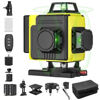 Nivel láser autonivelante 360° X 4, láser de construcción 4D con 16 líneas láser, modo de pulso para exteriores, 2 baterías, autonivelación, soporte rotativo, control remoto.(Sin Trípode)