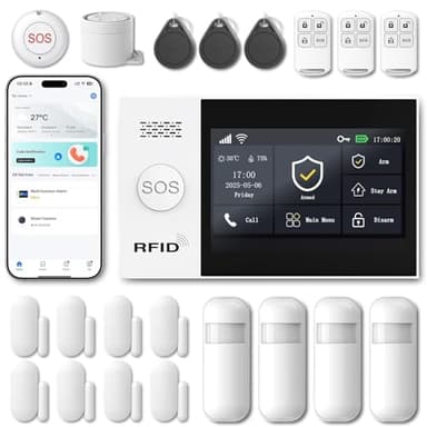 XUK Kit Alarma Casa WiFi+4G Sin Cuotas, con Pantalla Táctil de 4,3", Detector PIR, Sensor de Puerta/Ventana y Sirena de 120 dB, Sistema de Alarma para Casa Compatible con App y Alexa. (Lote de 21)
