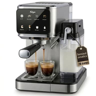 Cafetera Espresso 20 Bares Semiautomatica Cappuccino Latte Thermoblock Pantalla Tactil Vaporizador Leche Deposito 1L Portafiltros Molido Frio Caliente Acero Inoxidable Calientatazas Goteo Doble Salida