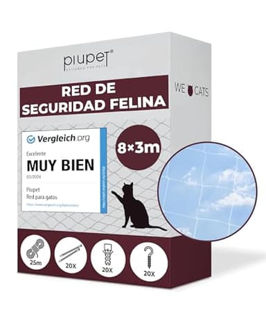 PiuPet Red para Gatos terraza 8x3 – Resistente y Duradera para Balcones y Ventanas, con Accesorios incluidos y Visibilidad óptima, Red Mesh, Red Gato | Red Proteccion Gatos