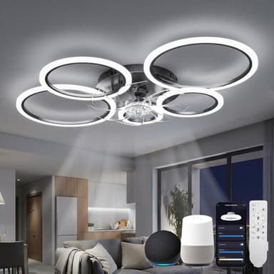 ycwdcz Lampara Ventilador Techo Led Compatible con Alexa, Google Assistant, Anillo Ventiladores de Techo con Luz Silencioso, Regulable, 6 Velocidades, Motor DC, Modo Verano/Invierno