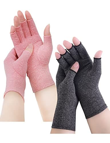 AovYoo 2 Pares Guantes Artritis sin dedos Compresion Artrosis Gaming Guantes Reumatismo Pulgar Teclado Ordenador Guantes Mejorar circulación(M,Gris+Rosa)