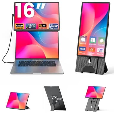 Kwumsy Monitor Portátil-Extensor Pantalla Portatil 16 Pulgadas,Con FHD 1200P Ultrafina Sin Bordes 16:10 Screen,Soporte Giratorio De 360° Y Pantalla Desmontable,Para Todos Los Portátiles(VESA Montable)
