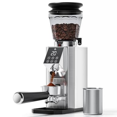 AMZCHEF Molinillo de Café Eléctrico para Espresso, 45 Ajustes de Molienda, Muelas Cónicas de Acero Inoxidable, Soporte para Portafiltros Ajustable, Panel Táctil LED, Tecnología Anti-Stática