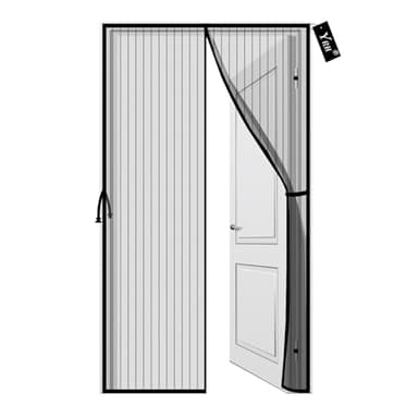 YRH Mosquitera Puerta Magnetica, Nuevo Diseño de Hebilla Lateral, Malla Mejorada y Autosellante, Puerta Mosquitera con Cinta de Sujeción Universal, Negro, 90 x 210 cm
