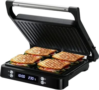Olvy Sandwichera Eléctrica 2000W, Grill Panini y Parrilla con Placas Antiadherentes, Apertura 180°, Temperatura Automática, Negro