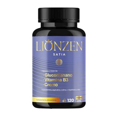 Glucomanano +12 ingredientes efecto Saciante y Control de apetito | Cromo, L-Triptófano, Espirulina, Canela, Vitamina B3, Cayena, Raíz de Konjac | 120 cápsulas | LIONZEN SATIA
