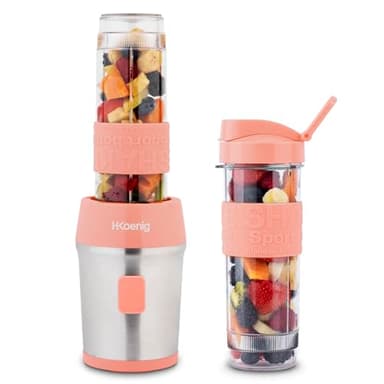 H.Koenig Mini batidora Smoothie maker Compacto 570mL SMOO10 Sin BPA Potente 300W, Batidora de Smoothie 2 Botellas Portátiles, 4 Cuchillas de Acero Inoxidable, Rosa coral