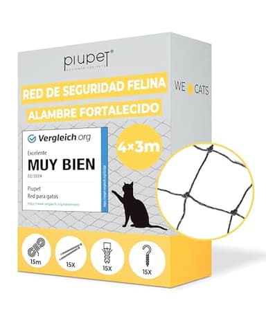 PiuPet® Red para Gatos Reforzada I 4x3m I Negro I para balcón, terraza y Ventana I Incluye Set de fijación | Red para Gatos terraza | Malla Protectora Balcon | Redes para Gatos para Ventanas
