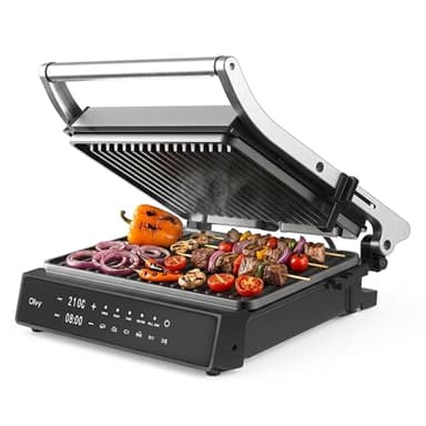 Olvy Kontaktgrill – Parrilla Eléctrica 5 Programas Automáticos – 180° Apertura – 2000 W – Placas Antiadherentes Desmontables – Termostato y Temporizador – Panini, Sandwich, Steak, Verduras