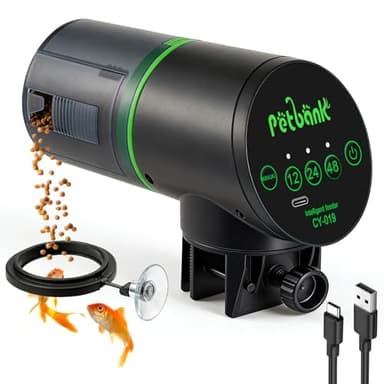 Petbank Alimentador Automático de Peces - Alimentador de Peces Recargable con Temporizador y Cable de Carga USB, 200ML Dispensador de Comida para Acuarios o Peceras,Negro