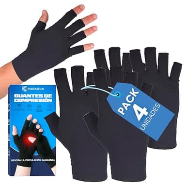 Podcase Pack de 4 Guantes para Artrosis y Artritis - Compresión para Mujer y Hombre - Reduce Inflamación - Sin Dedos para Manos - Válido para Trabajo, Gaming (Medium)