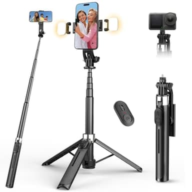 RISEOFLE 110cm Palo Selfie Tripode para Movil con Luz - Selfie Stick Extensible Portátil con Mando Inalámbrico, Compatible con iPhone/Samsung/GoPro/Cámaras