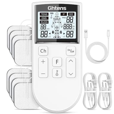 GHTENS 5 en 1 Electroestimulador Muscular Profesional, Recargable 80 Modos de Estimulación, Con Función TENS/EMS/RUSS/IF/DIY y Masaje, 2 Canales, 16 Intensidad, Para el Alivio del Dolor (Blanco)