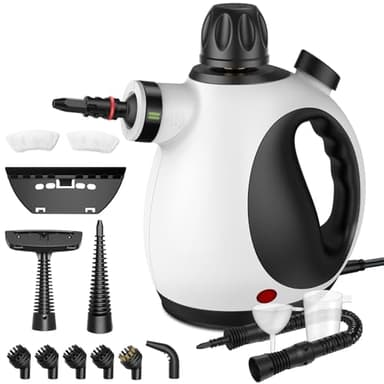 Vaporeta Limpieza Hogar, Limpiador de Vapor Portátil Multiusos con Cierre de Seguridad y 14 Accesorios, vaporeta de mano Presurizado para el Baño, Ventanas, Cocina (Negro&Blanco)