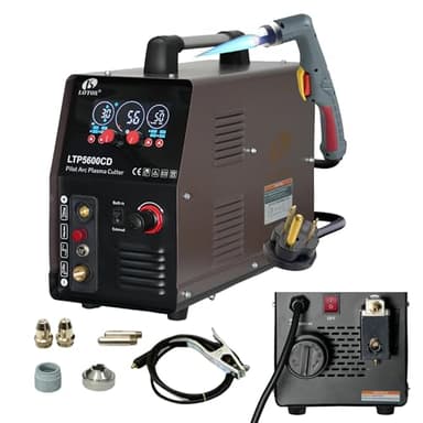 LOTOS Apex LTP5600CD Cortador de plasma con compresor de aire integrado, 56A, 5/8 pulgadas limpio (3/4 pulgadas de separación), listo para cortar arrastrar, arco piloto no táctil, panel LED estilo