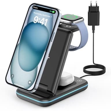 JoyGeek Cargador Inalámbrica, Plegable 3 en 1 Base Cargador para i Phone 17/16/15/14/13/12/Plus/Pro MAX, Estación de Carga para AppleWatch Ultra-2, Rapida Wireless Charger para AirPods 4/Pro/3/2-Negro