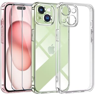 ivoler Funda Militar Antigolpes para iPhone 15 - Carcasa Transparente con 2 Protectores de Pantalla, Protección Mejorada para Cámara, Bumper Reforzado - Claro