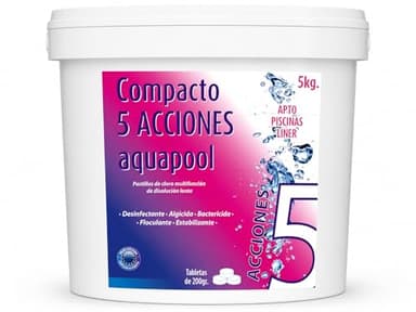 Compacto 5 ACCIONES AQUAPOOL (5 KG) - Pastillas de Cloro multifunción - Disolución Lenta - Apto Piscinas Liner
