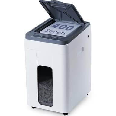 Trishintage Trituradora de Documentos Automática Profesional: 400 Hojas Autoalimentación P5 Micro Corte Motor Silencioso Cubo Grande 50L con Ruedas Ideal para Oficina Comercial y Uso Doméstico